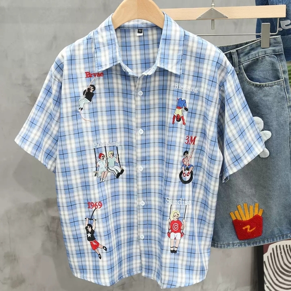 None Tops - Blue Plaid Cartoon Embroidered Shirt